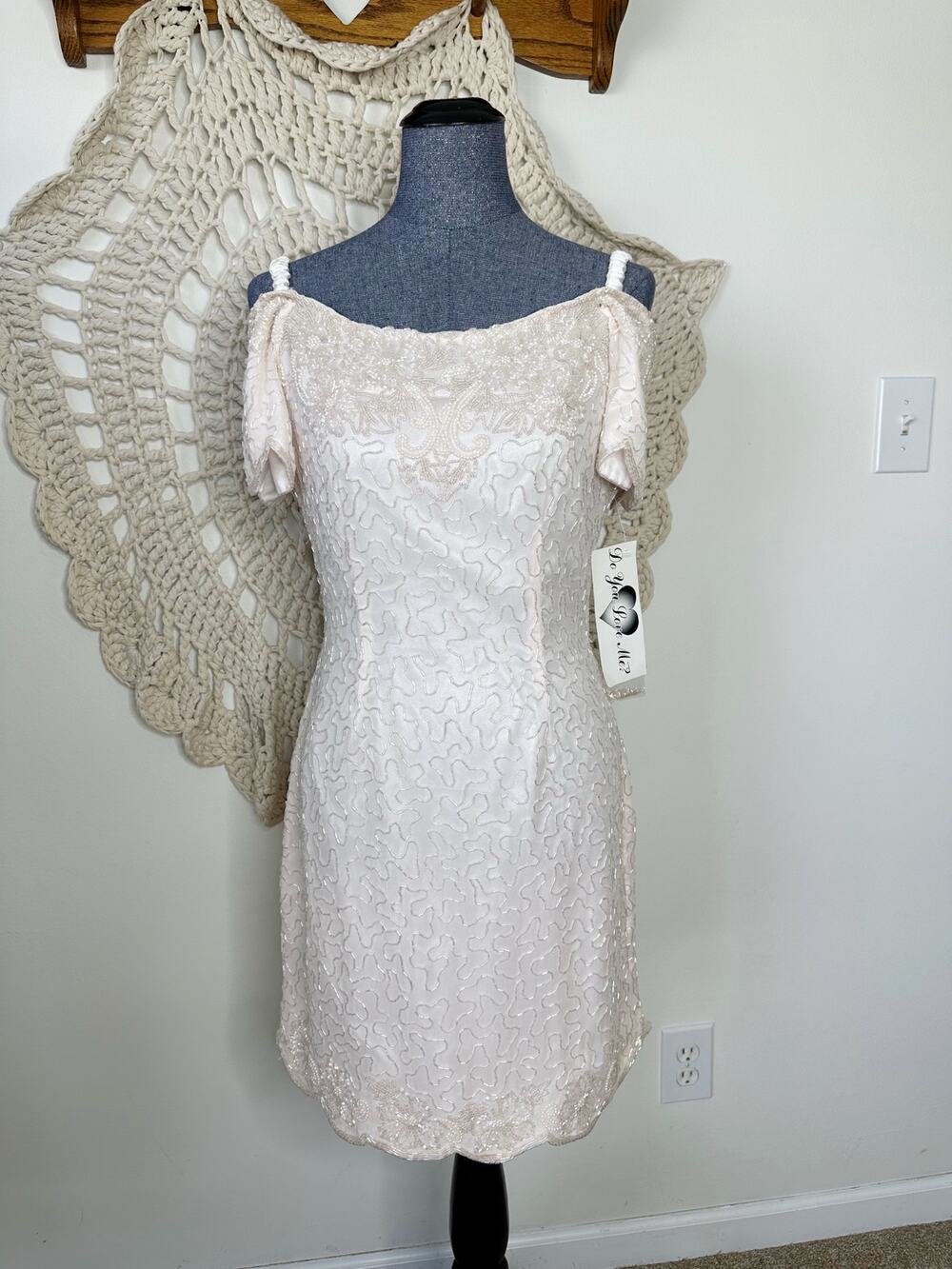 Vintage NWT 90s Champagne Pink Silk Beaded Dress Size Small